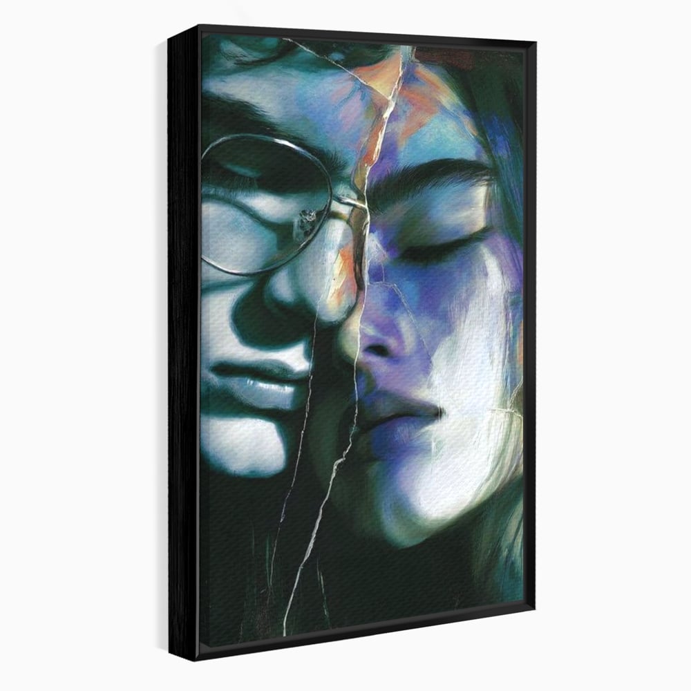 Tablou canvas cu tablou canvas cu chipuri despartite de cioburi, in rama de aluminiu negru
